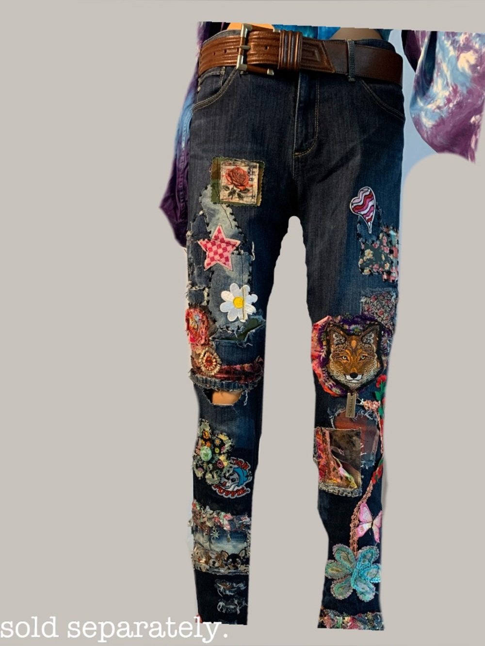 Upcycled Patchwork and Patched Embellished Dark Blue Cigarette Cut Denim Jeans - Picture 3 of 15
